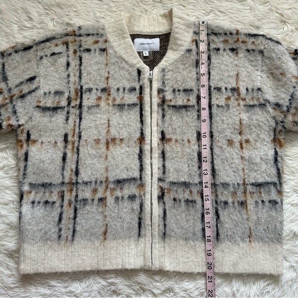 Current/Elliott Sweater The Bets Mohair Full Zip Cardigan Jacket Plaid Cream M - Picture 11 of 12